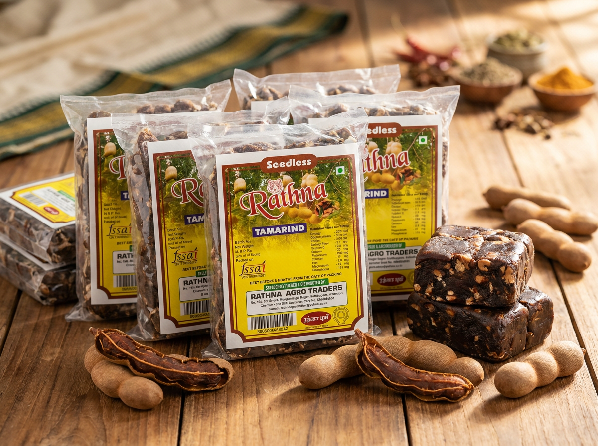 Rathna tamarind packs with tamarind pods and blocks
